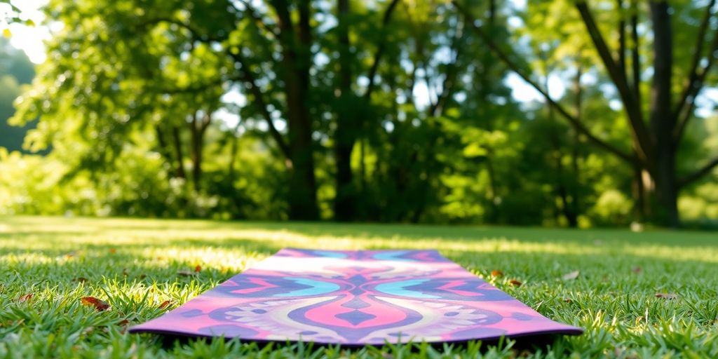 Colorful yoga mat on a natural, serene background.