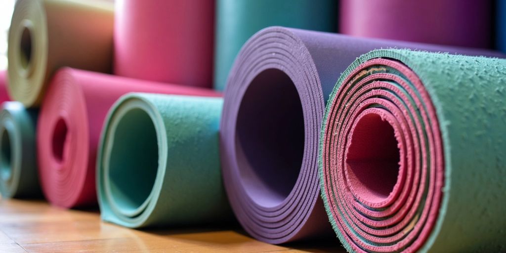 Colorful yoga mats of various sizes on a floor.