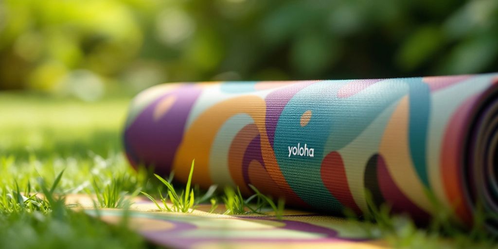 Yoloha yoga mat on grass with green plants around.