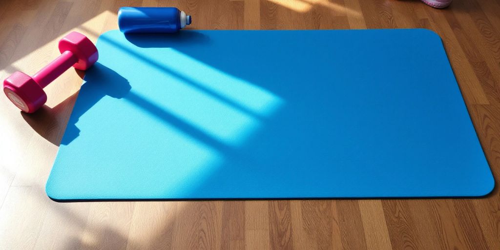 Blue exercise mat on a wooden floor with dumbbells.