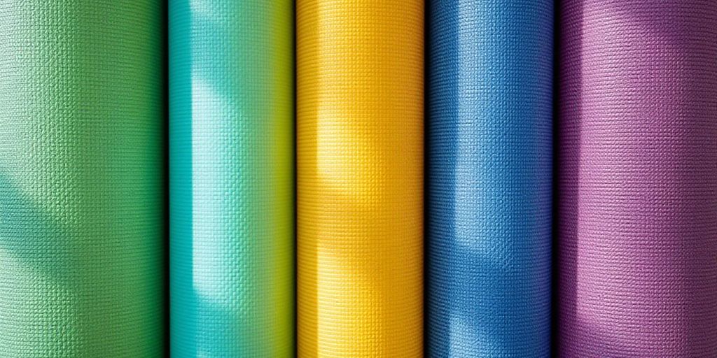 Different thicknesses of colorful yoga mats arranged neatly.