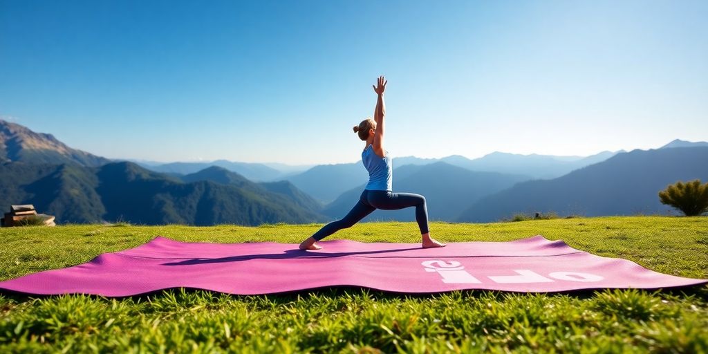 Person practicing yoga on a foldable travel mat outdoors.