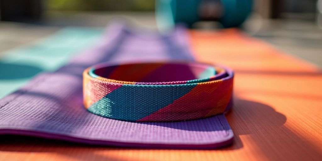 Colorful yoga mat strap on a vibrant yoga mat.