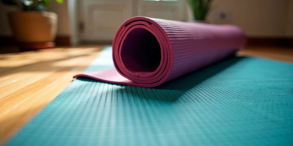 Textured yoga mat on wooden floor with natural lighting.