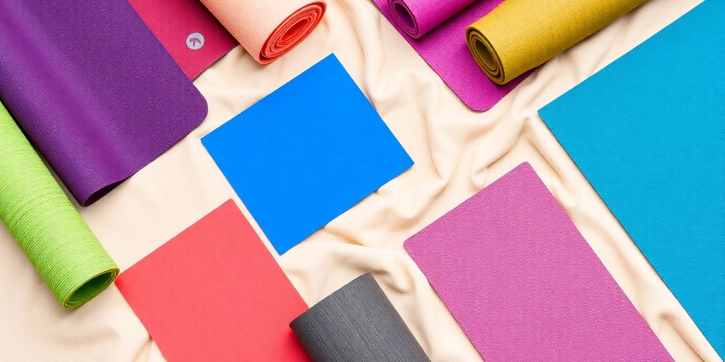 Colorful yoga mats arranged on a natural background.