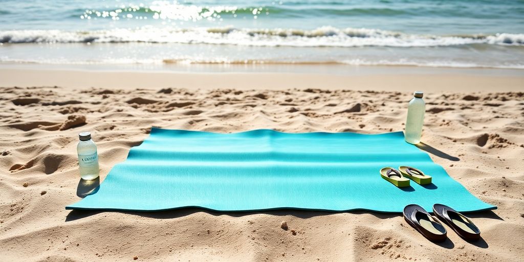 Lightweight yoga mat on beach with ocean view.