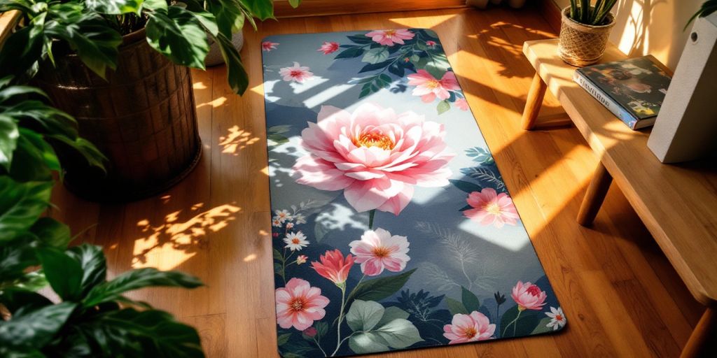 Colorful yoga mat on a wooden floor with plants.