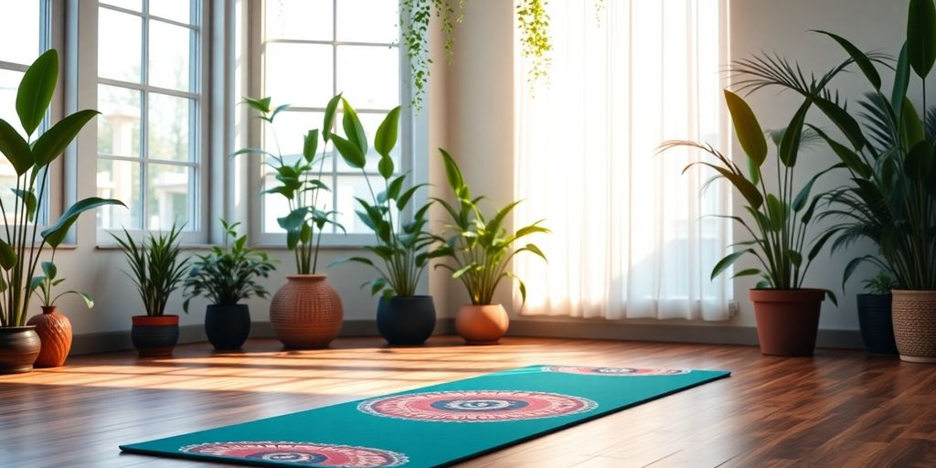 Colorful yoga pad in a serene indoor setting.