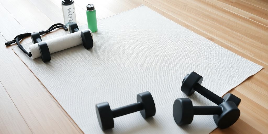 White exercise mat in a well-lit home gym.