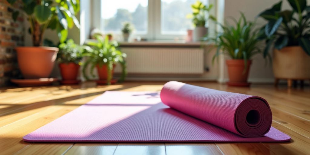 Colorful yoga mat on wooden floor with plants.