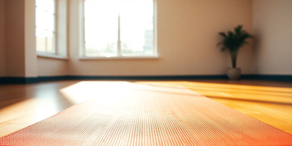 Colorful yoga mat ready for hot Pilates session.