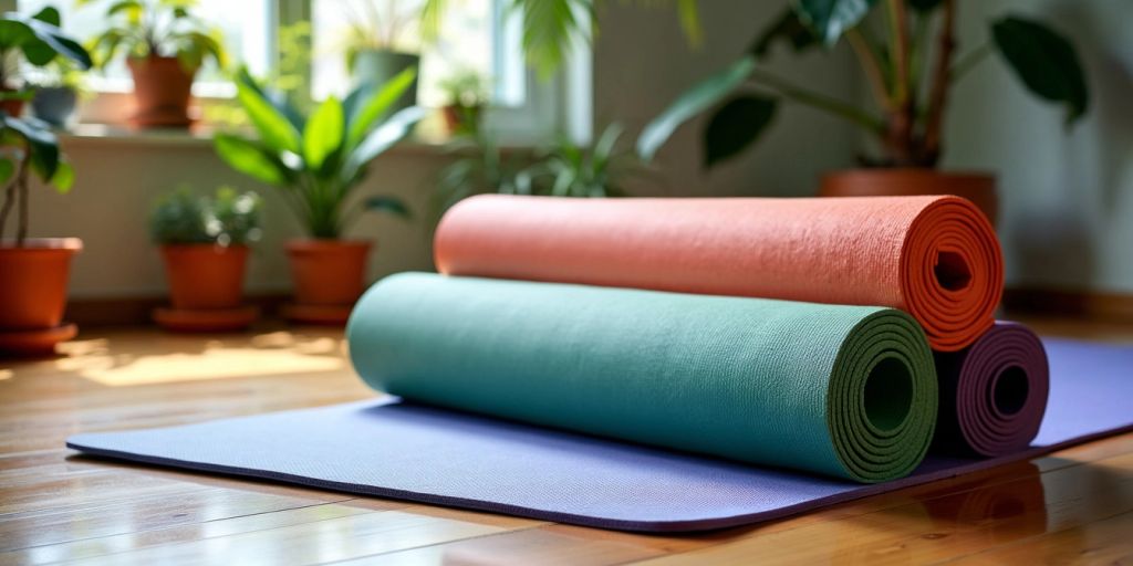 Colorful yoga mat on wooden floor with plants.