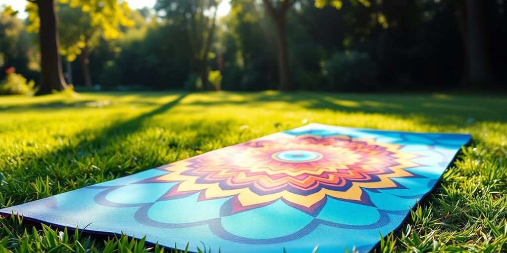 A colorful yoga mat on a sunlit outdoor space.