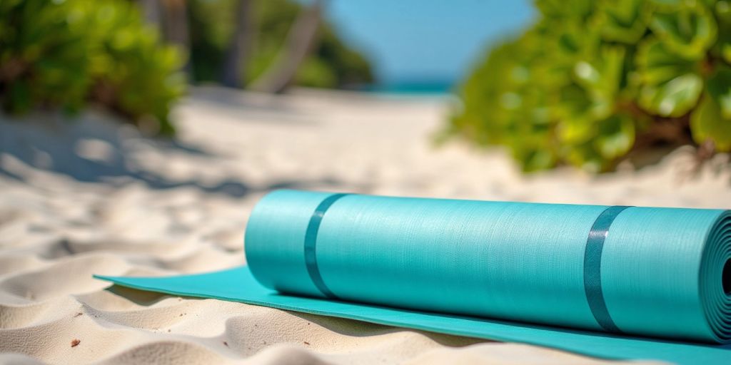 Lightweight yoga mat on a beach with tropical plants.