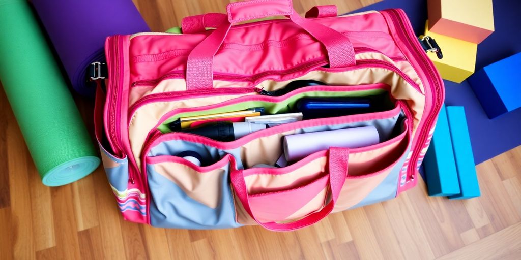 Colorful yoga bag surrounded by fitness accessories.