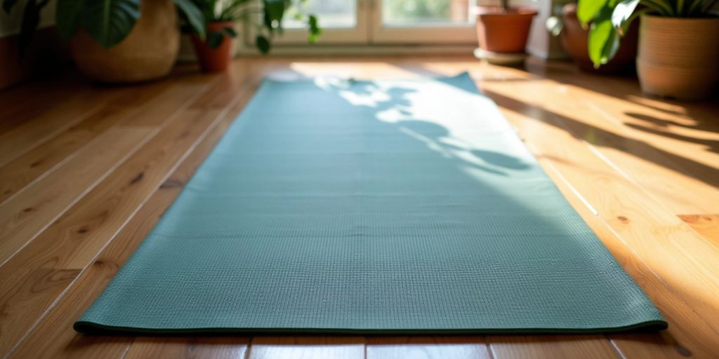 Wide, thick yoga mat on wooden floor with plants.