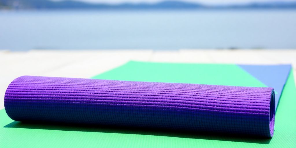 Colorful sticky yoga mat on a serene background.