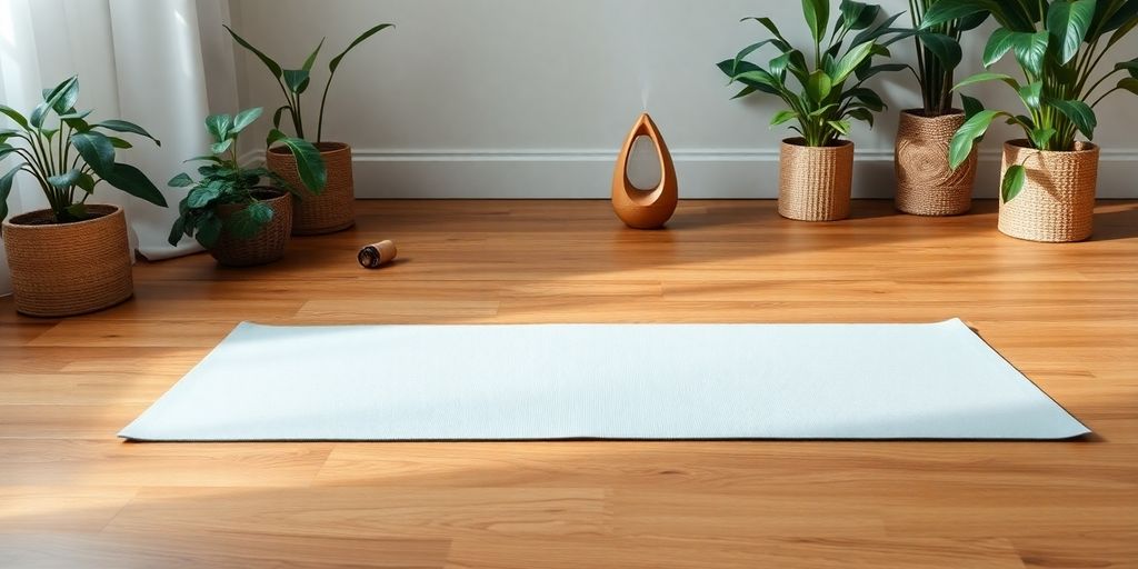 Clean yoga mat with plants and essential oil diffuser.