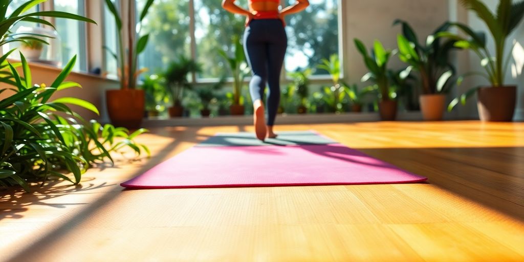 A colorful yoga mat in a bright studio setting.