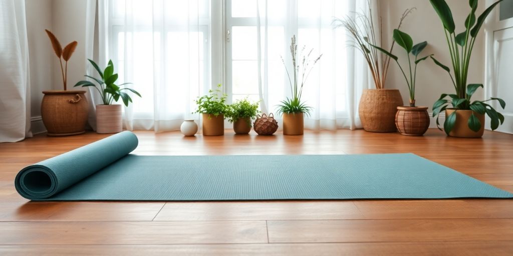 Thin yoga mat in a peaceful, natural setting.