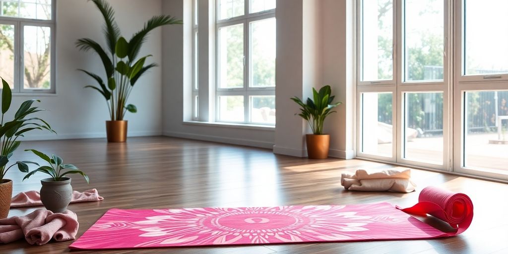 Colorful Lululemon hot yoga mat in a bright studio.