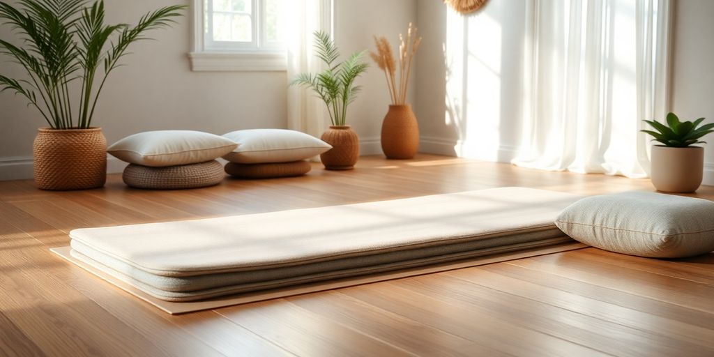 Thick yoga pad in a serene studio setting.