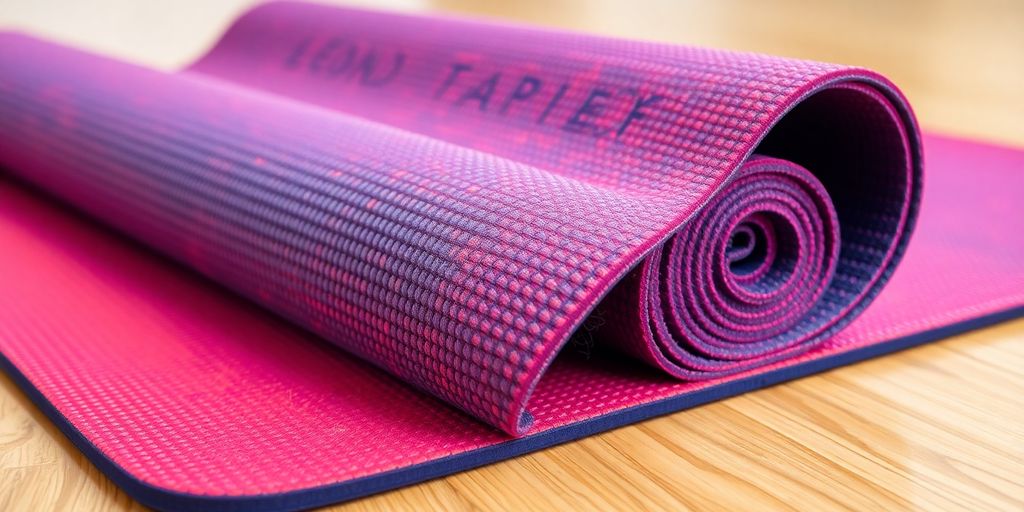 Textured non-slip yoga mat on a wooden floor.