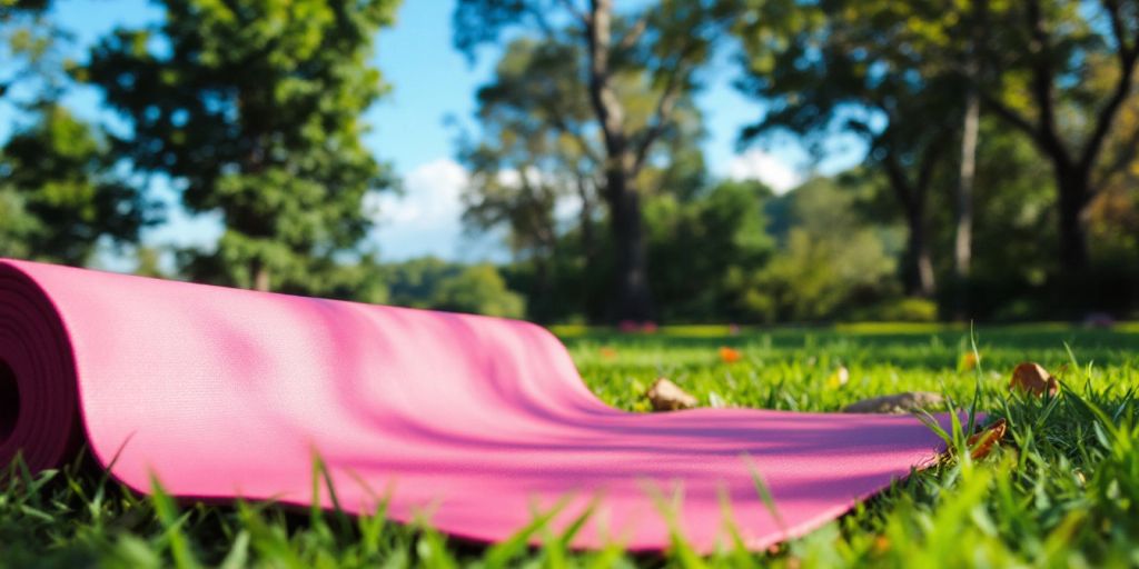 Colorful yoga mat on grass in a sunny outdoor setting.