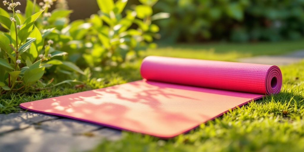 Durable yoga mat in a serene outdoor setting.