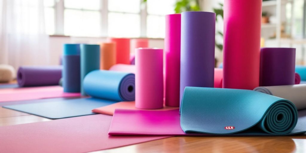 Colorful Lululemon yoga mats in a bright studio.