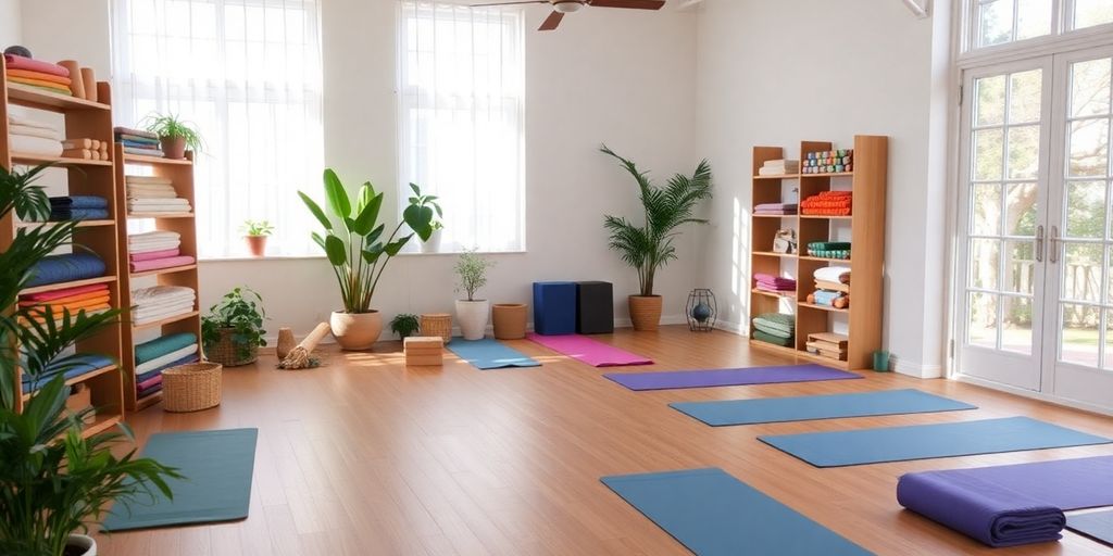 Yoga studio with mats and equipment in a serene setting.