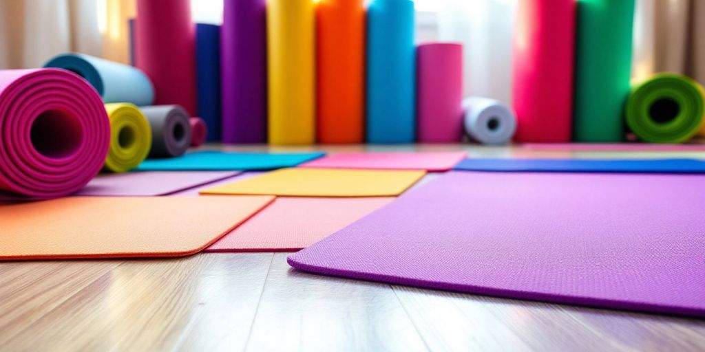 Colorful yoga mats arranged on a wooden floor.