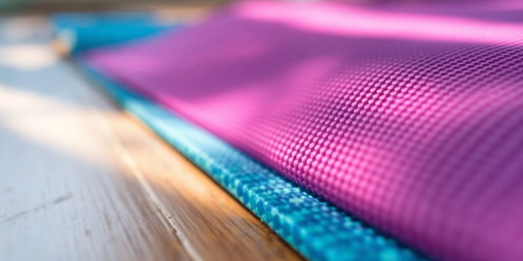 Close-up of a cushioned yoga mat on the floor.