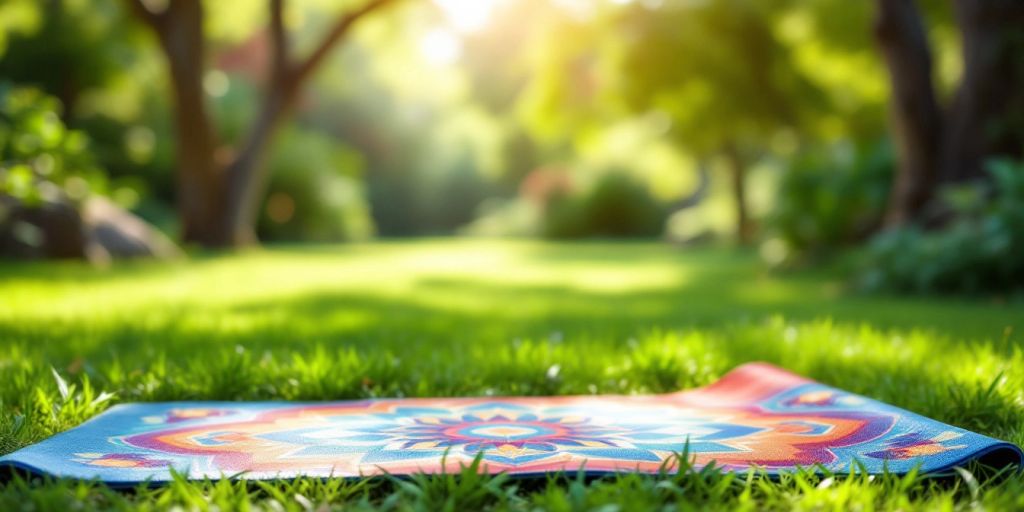 Colorful yoga mat in a peaceful outdoor setting.