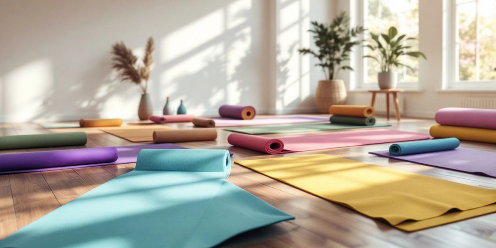 Colorful large yoga mats in a bright studio.