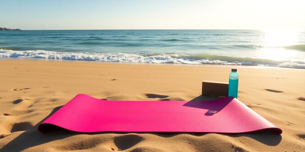 Travel Pilates mat on a sunny beach with ocean waves.