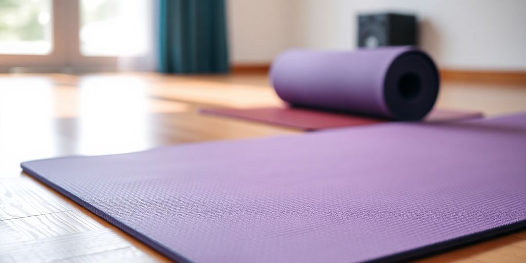 Close-up of a non-slip hot yoga mat on floor.