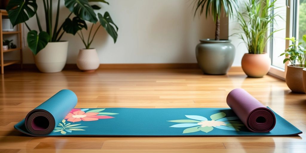 Yune Yoga Mat on a wooden floor with plants.