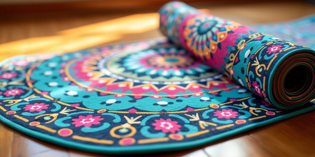 Colorful non-slip yoga towel mat on wooden floor.