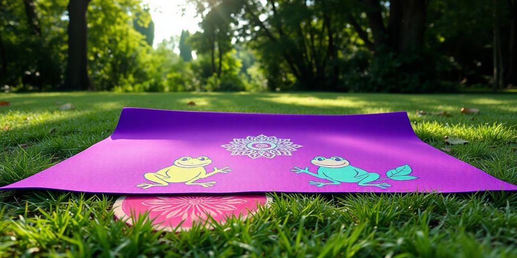 Yoga mat with frog designs in a natural setting.