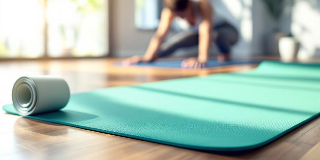 Colorful TPE yoga mat on a wooden floor.