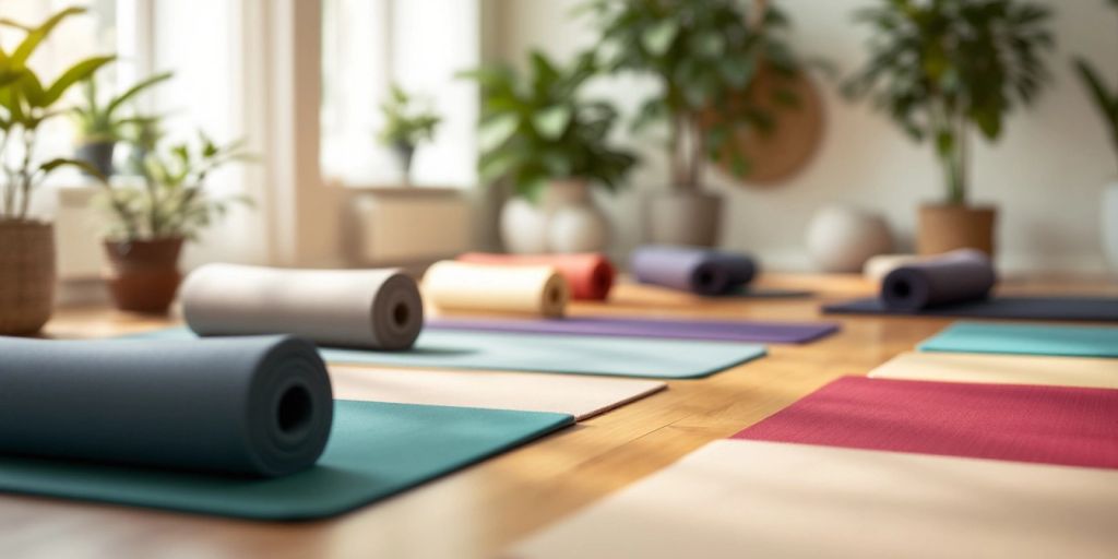 Colorful yoga mats in a serene studio setting.