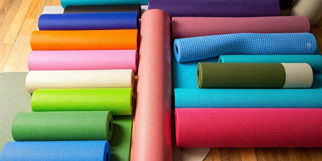 Colorful yoga mats arranged on a wooden floor.