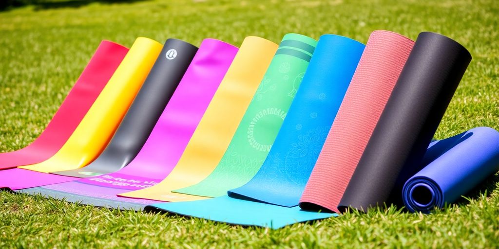 Ten colorful yoga mats displayed outdoors in sunlight.