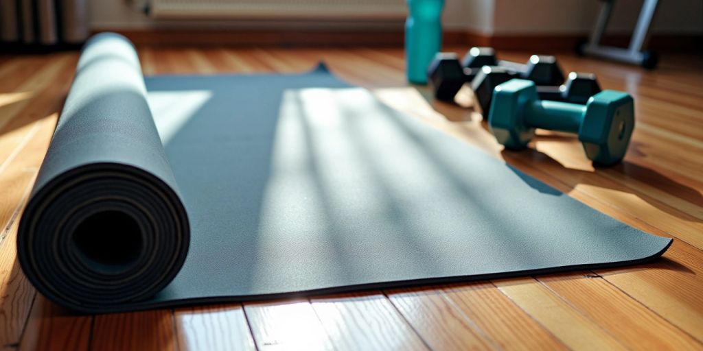 Grey exercise mat with dumbbells and water bottle nearby.