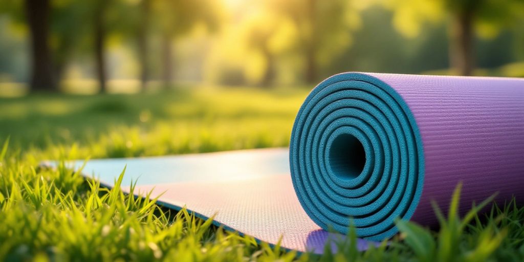 Colorful yoga mat on green grass in sunshine.