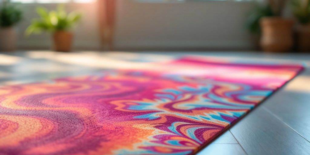 Colorful super sticky yoga mat on a studio floor.