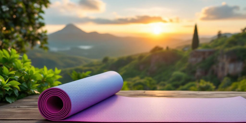 Lululemon yoga mat with a scenic travel backdrop.