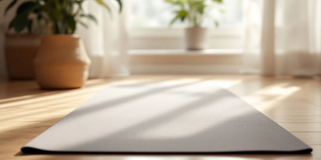 Grey yoga mat on a wooden floor with natural light.