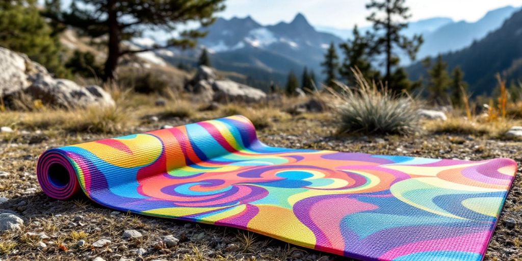 Colorful travel gym mat in a scenic outdoor setting.